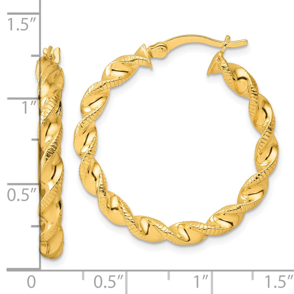 QE6753GP Sterling Silver Gold-tone Polished Twisted Textured Hoop Earrings