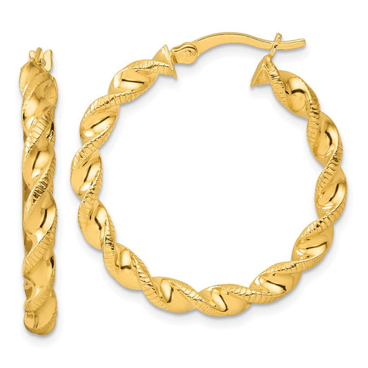 QE6753GP Sterling Silver Gold-tone Polished Twisted Textured Hoop Earrings