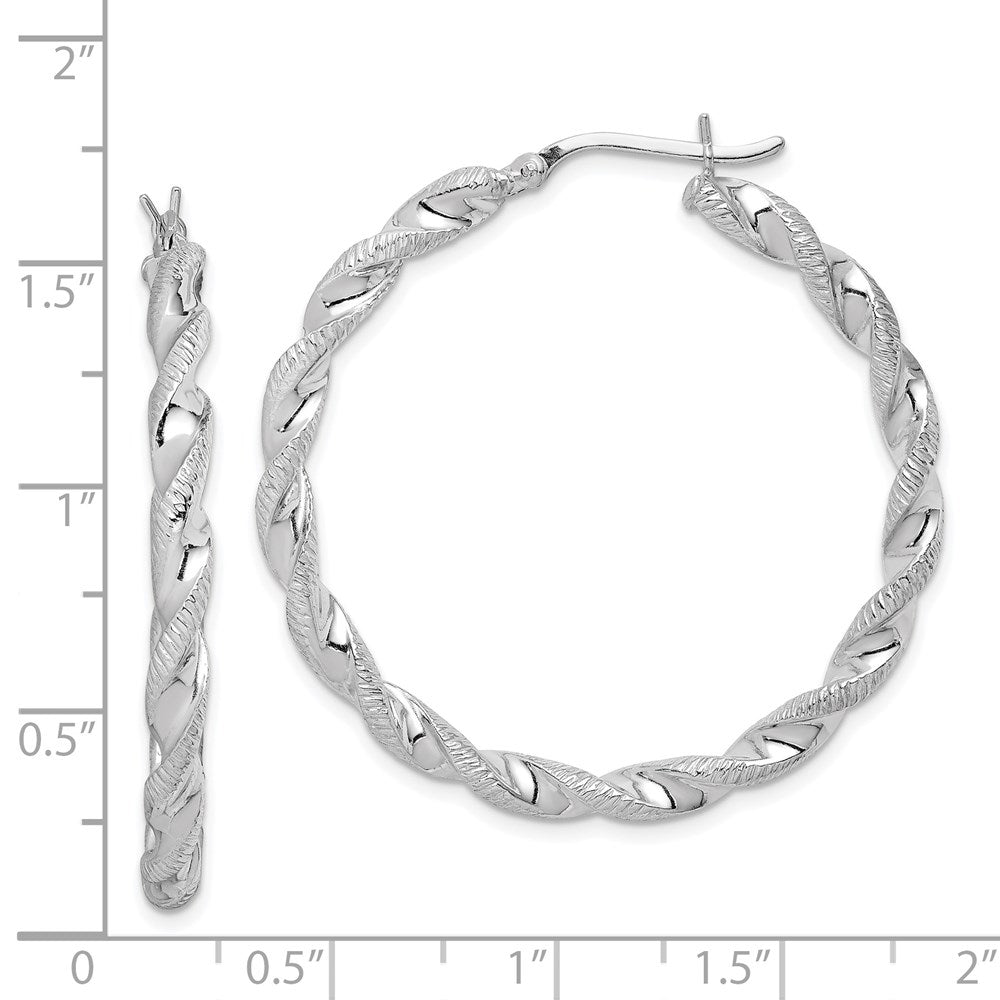 QE6754 Sterling Silver Rhodium Plated Twisted 3.5x40mm Hoop Earrings
