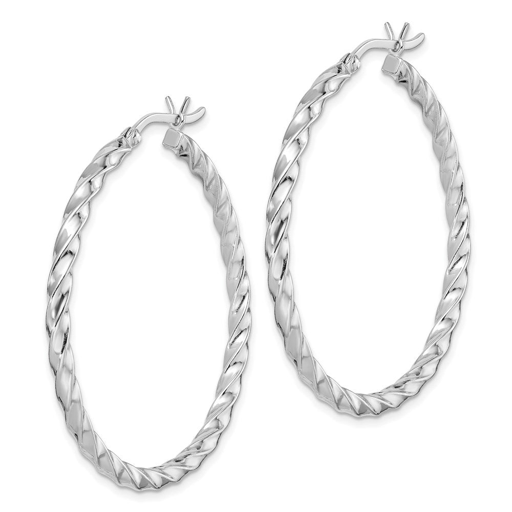QE6755 Sterling Silver Rhodium-plated Twisted 3x40mm Hoop Earrings
