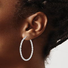 QE6755 Sterling Silver Rhodium-plated Twisted 3x40mm Hoop Earrings
