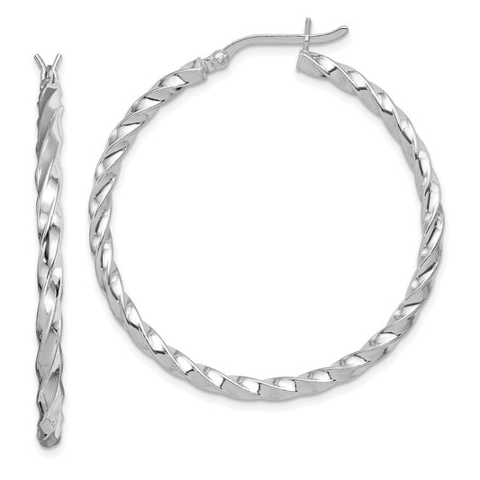 QE6755 Sterling Silver Rhodium-plated Twisted 3x40mm Hoop Earrings