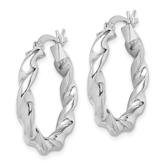 QE6757 Sterling Silver Rhodium Plated Twisted 3.5x25mm Hoop Earrings