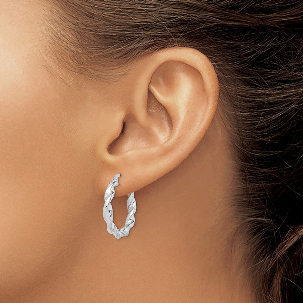 QE6757 Sterling Silver Rhodium Plated Twisted 3.5x25mm Hoop Earrings
