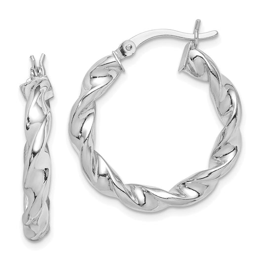 QE6757 Sterling Silver Rhodium Plated Twisted 3.5x25mm Hoop Earrings