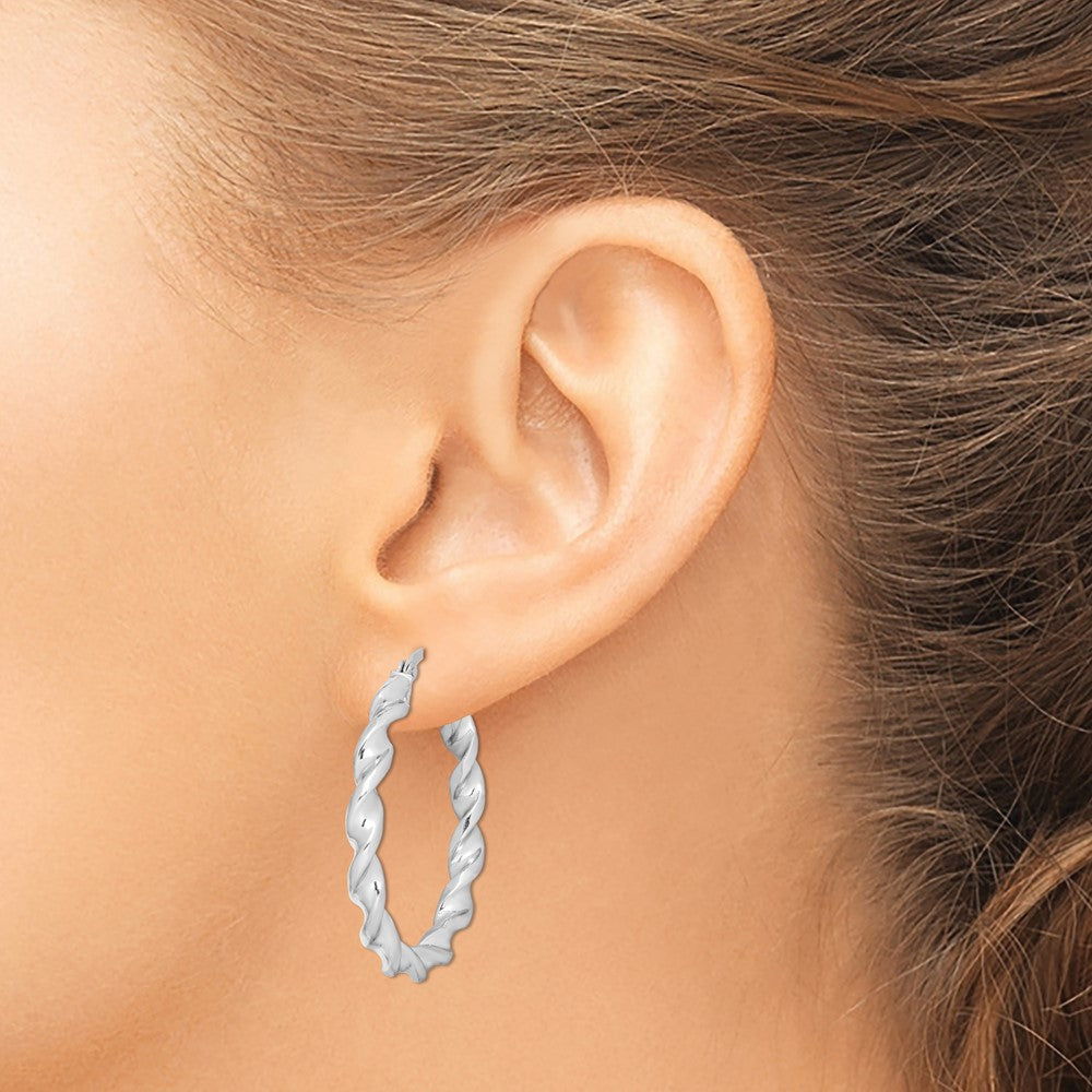 QE6758 Sterling Silver Rhodium Plated Twisted 3.5x35mm Hoop Earrings