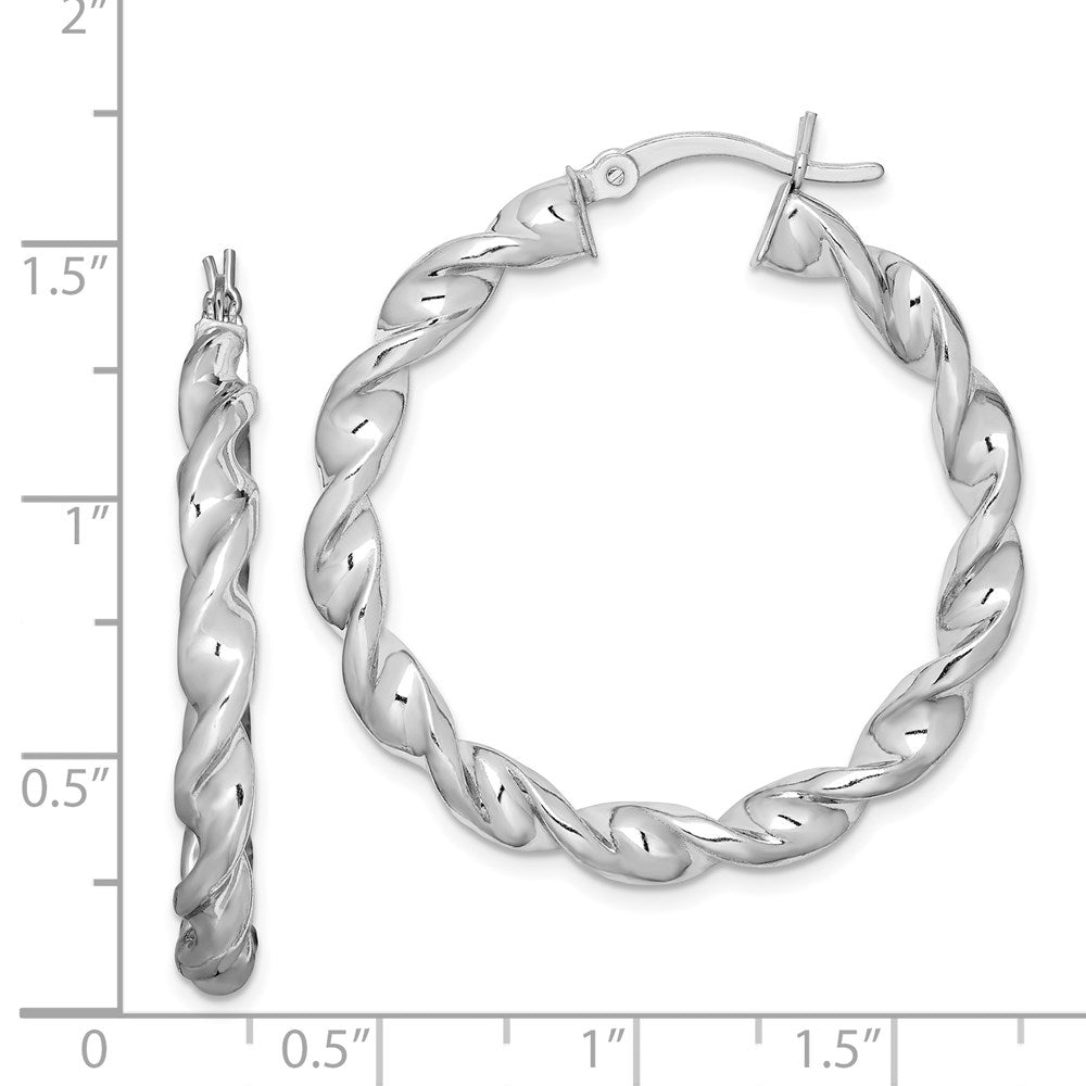 QE6758 Sterling Silver Rhodium Plated Twisted 3.5x35mm Hoop Earrings