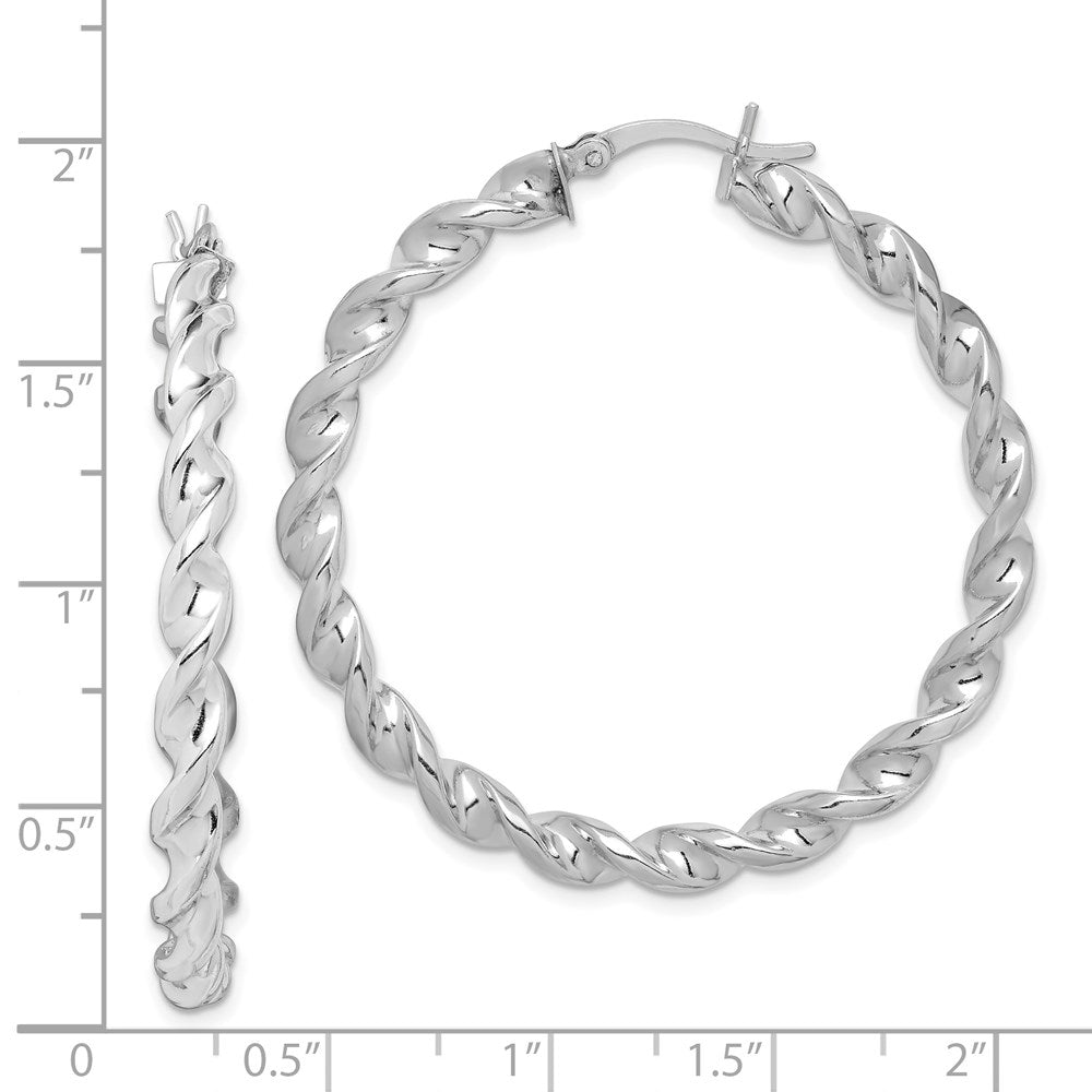 QE6759 Sterling Silver Rhodium Plated Twisted 3.5x45mm Hoop Earrings