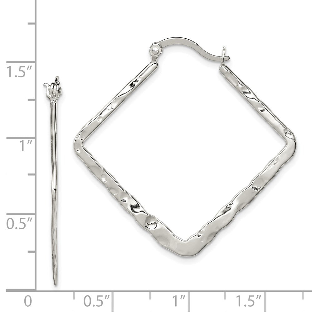 QE6798 Sterling Silver Rhod-pltd Polished/Hammered Square Hoop Earrings