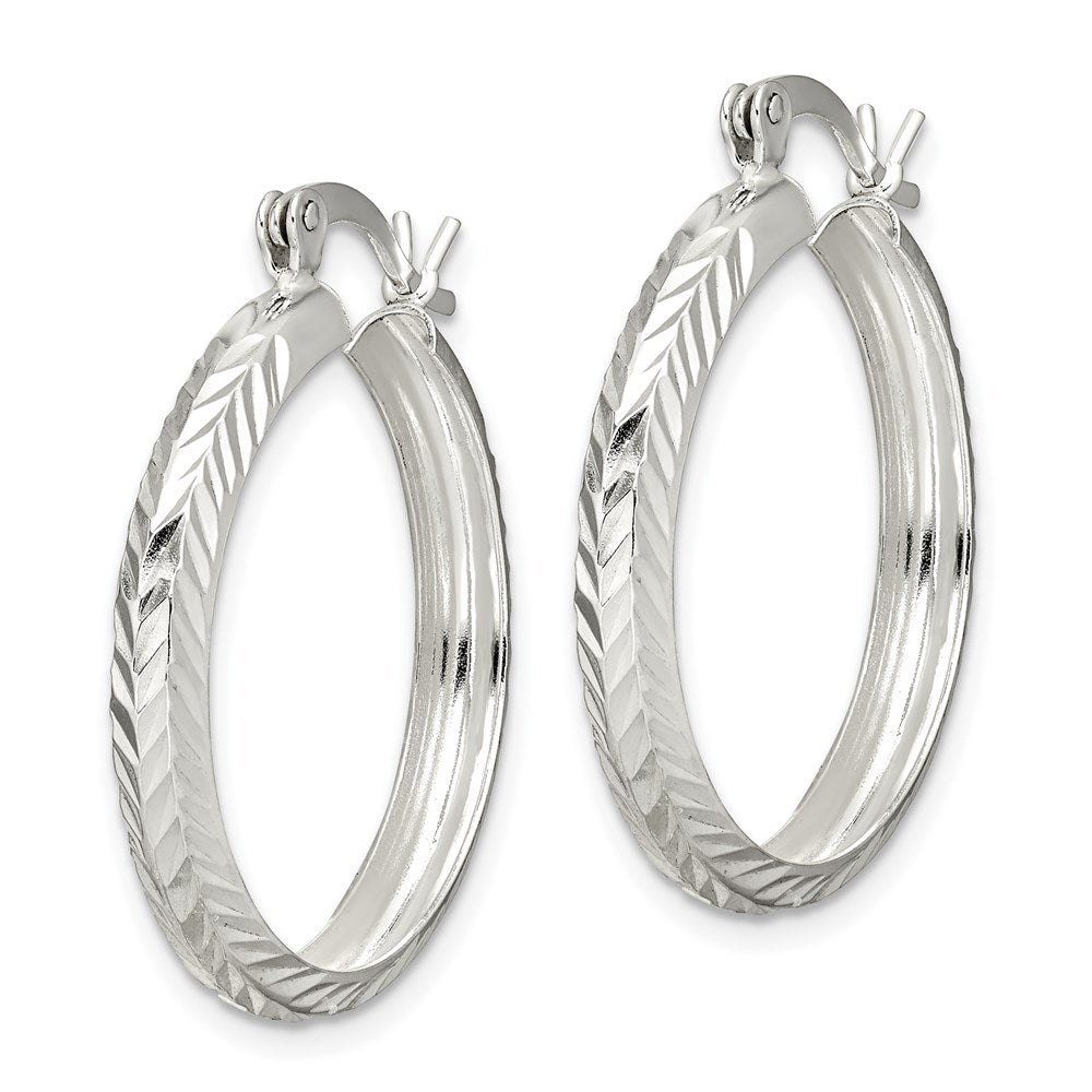 QE6812 Sterling Silver Polished & Diamond-cut 4mm Round Hoop Earrings