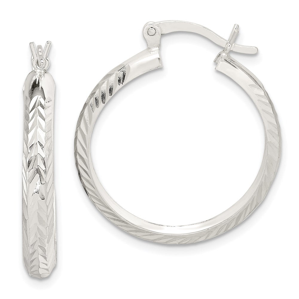 QE6812 Sterling Silver Polished & Diamond-cut 4mm Round Hoop Earrings