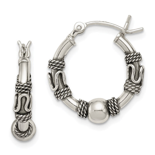 QE6857 Sterling Silver Antiqued Hoop Earrings