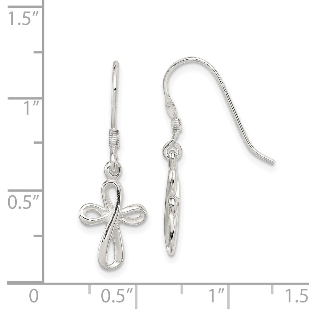 QE6912 Sterling Silver Rhodium-plated Polished Cross Dangle Earrings