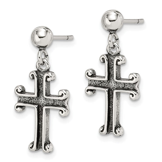 QE6922 Sterling Silver Polished & Antiqued Cross Post Dangle Earrings