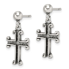 QE6922 Sterling Silver Polished & Antiqued Cross Post Dangle Earrings