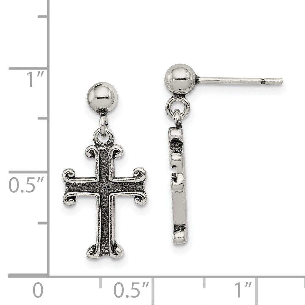 QE6922 Sterling Silver Polished & Antiqued Cross Post Dangle Earrings