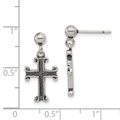 QE6922 Sterling Silver Polished & Antiqued Cross Post Dangle Earrings