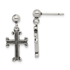 QE6922 Sterling Silver Polished & Antiqued Cross Post Dangle Earrings