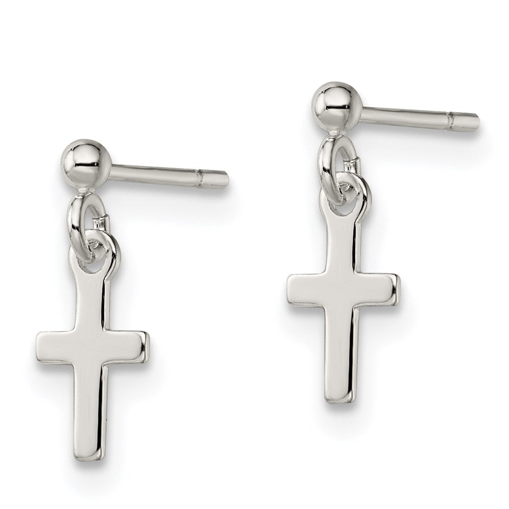 QE6923 Sterling Silver Polished Latin Cross Post Dangle Earrings
