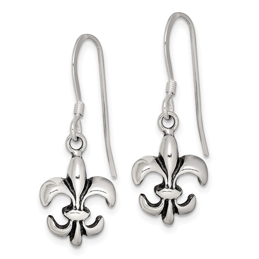 QE6927 Sterling Silver Polished & Antiqued Fleur de Lis Dangle Earrings