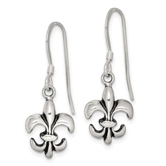QE6927 Sterling Silver Polished & Antiqued Fleur de Lis Dangle Earrings