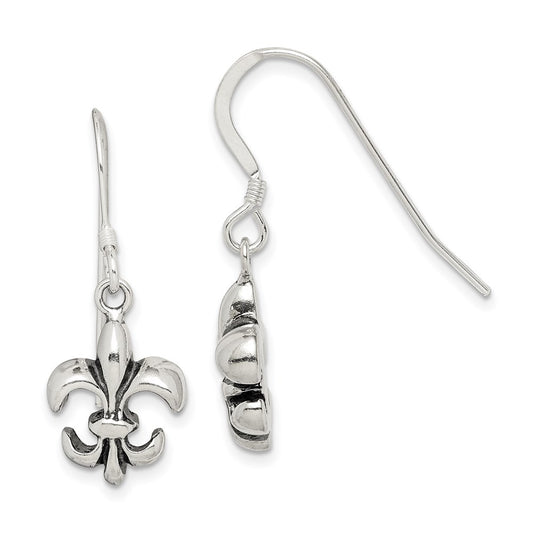 QE6927 Sterling Silver Polished & Antiqued Fleur de Lis Dangle Earrings