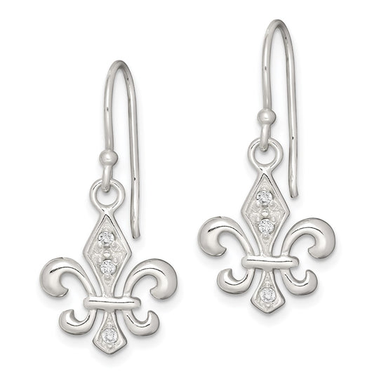 QE6930 Sterling Silver Polished CZ Fleur de Lis Dangle Earrings