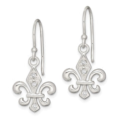 QE6930 Sterling Silver Polished CZ Fleur de Lis Dangle Earrings