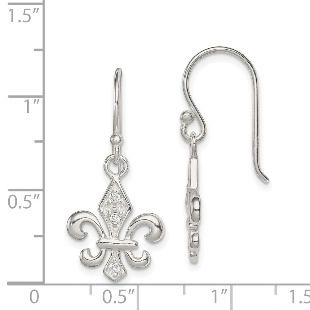 QE6930 Sterling Silver Polished CZ Fleur de Lis Dangle Earrings