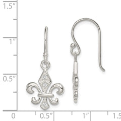 QE6930 Sterling Silver Polished CZ Fleur de Lis Dangle Earrings