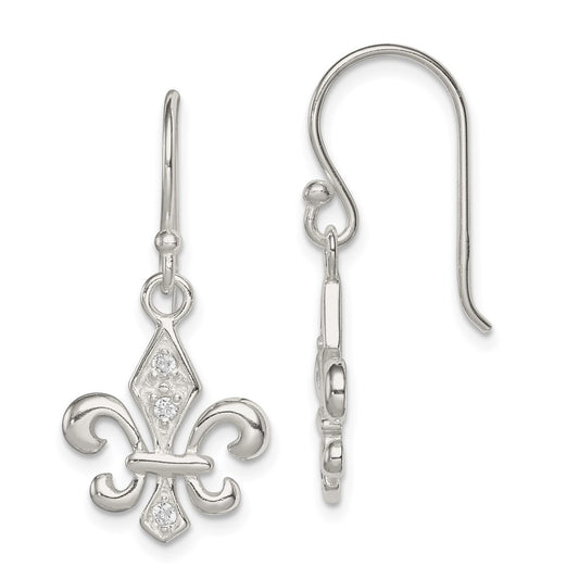 QE6930 Sterling Silver Polished CZ Fleur de Lis Dangle Earrings