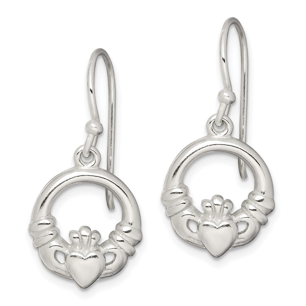 QE6943 Sterling Silver Polished Claddagh Dangle Earrings