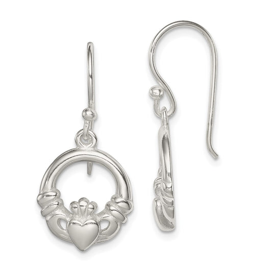 QE6943 Sterling Silver Polished Claddagh Dangle Earrings