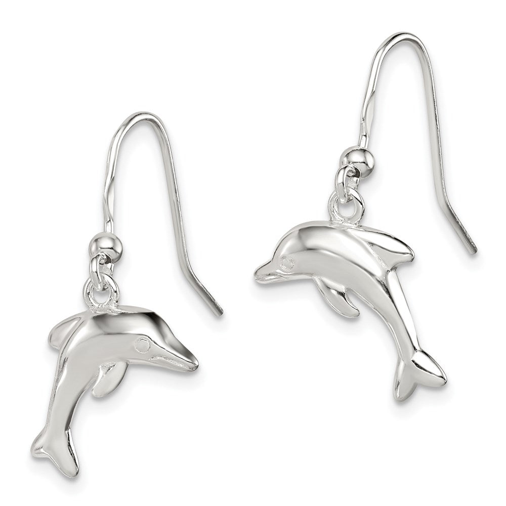 QE6956 Sterling Silver Polished Dolphin Dangle Earrings
