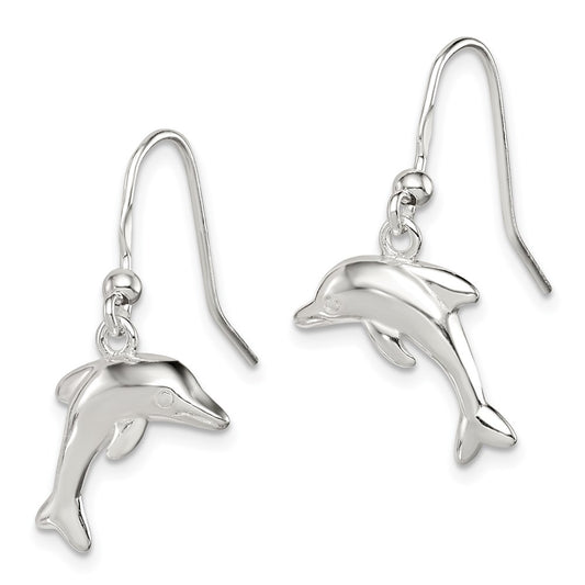 QE6956 Sterling Silver Polished Dolphin Dangle Earrings