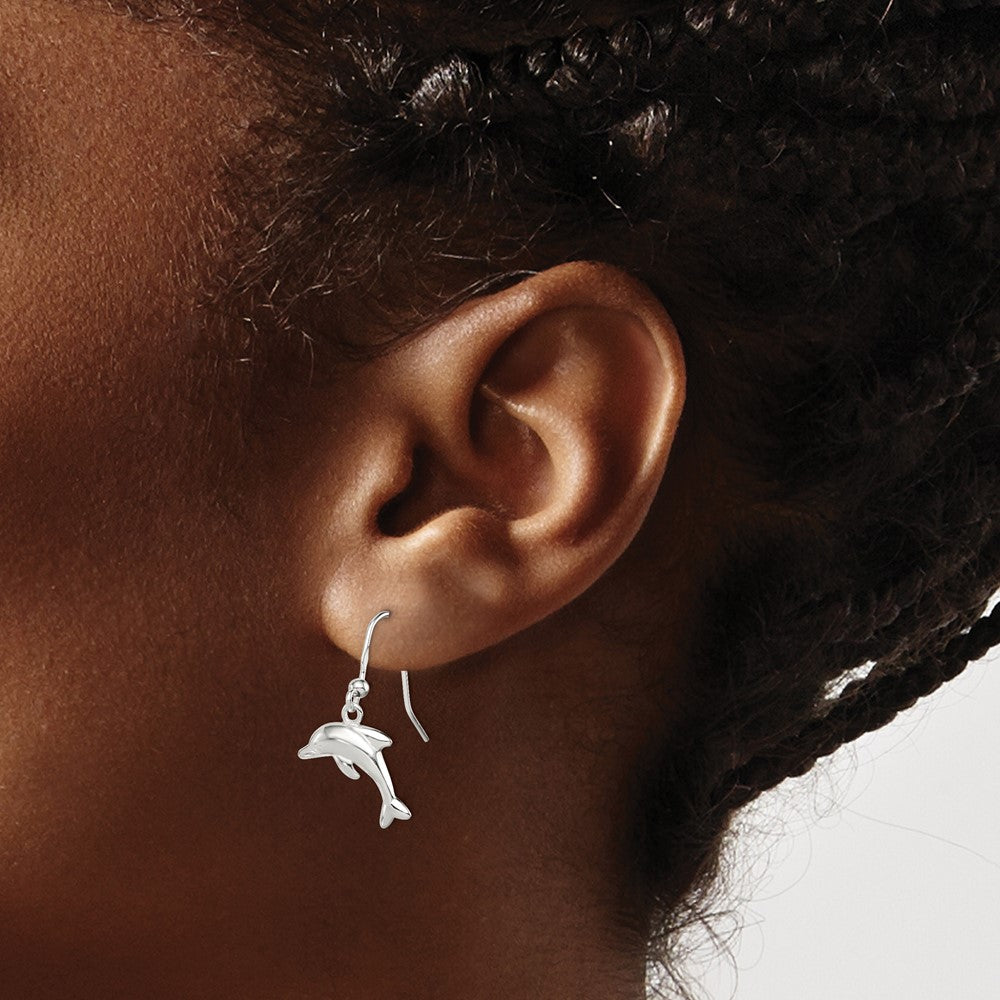 QE6956 Sterling Silver Polished Dolphin Dangle Earrings