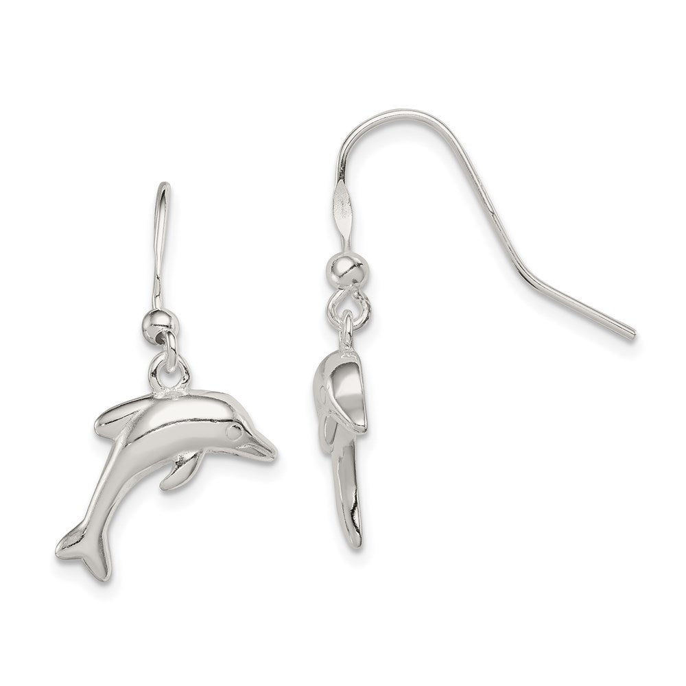 QE6956 Sterling Silver Polished Dolphin Dangle Earrings