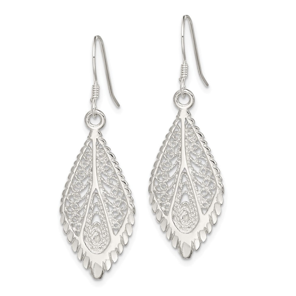 QE7 Sterling Silver Polished & D/C Fancy Filigree Teardrop Dangle Earrings
