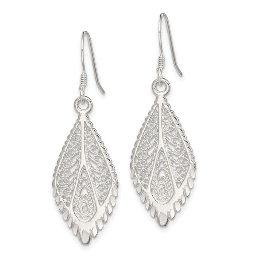 QE7 Sterling Silver Polished & D/C Fancy Filigree Teardrop Dangle Earrings