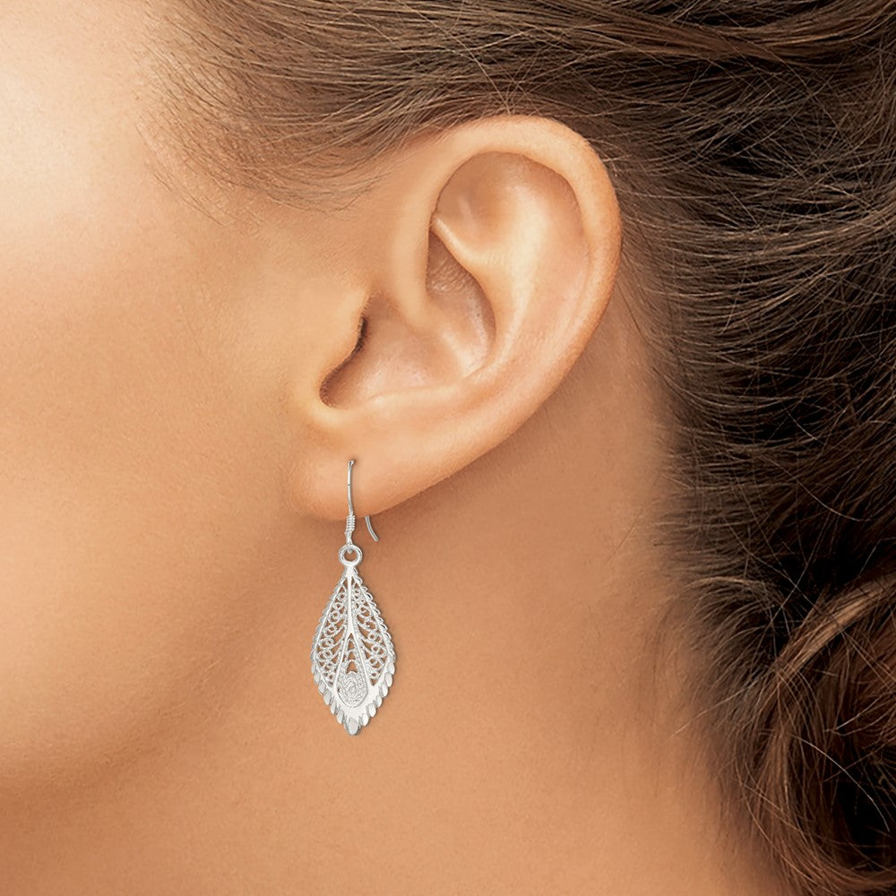 QE7 Sterling Silver Polished & D/C Fancy Filigree Teardrop Dangle Earrings