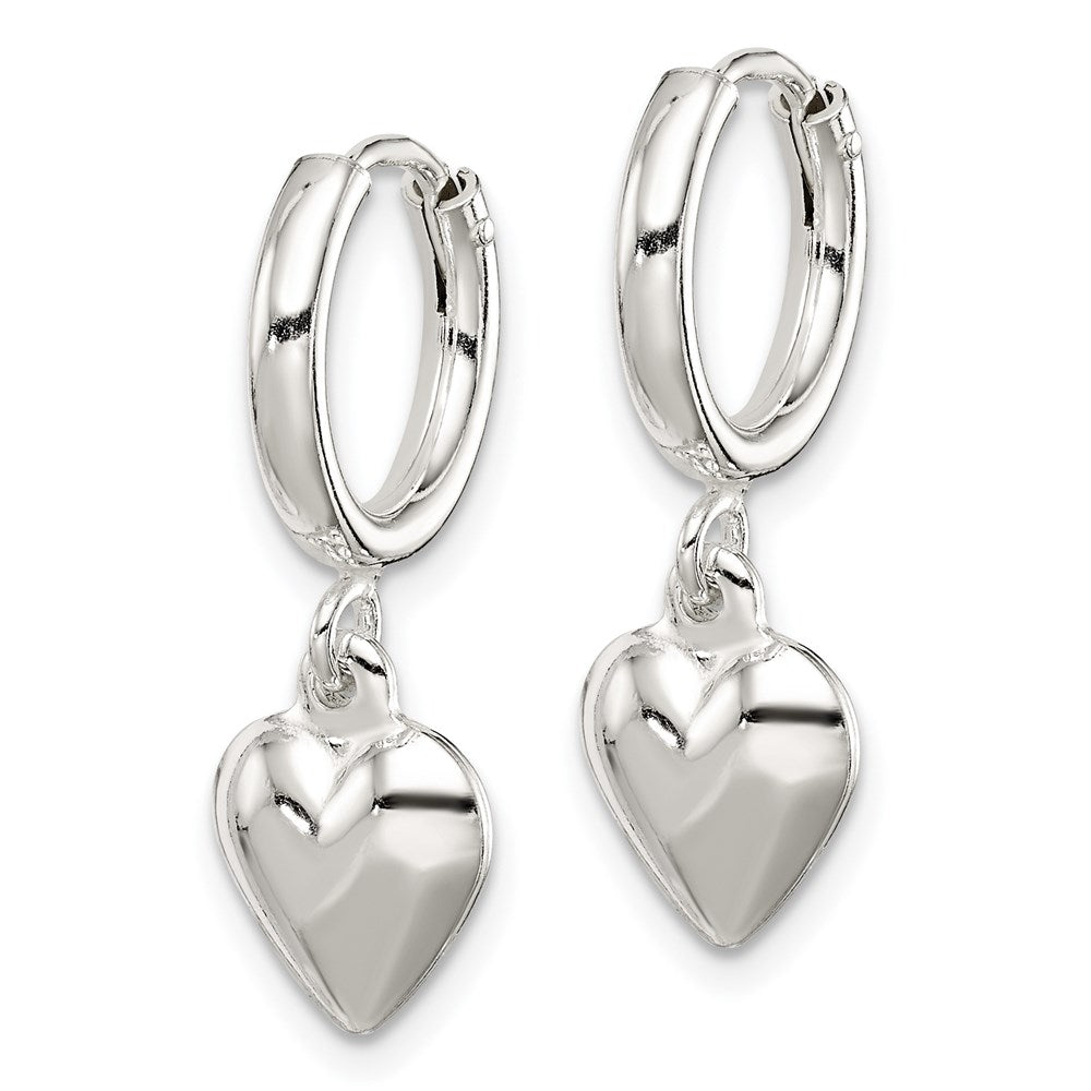 QE7047 Sterling Silver Polished Puff Heart Dangle Hoop Earrings