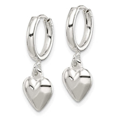 QE7047 Sterling Silver Polished Puff Heart Dangle Hoop Earrings