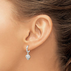 QE7047 Sterling Silver Polished Puff Heart Dangle Hoop Earrings