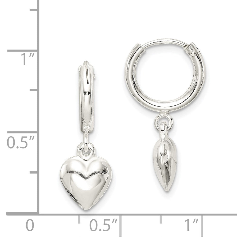 QE7047 Sterling Silver Polished Puff Heart Dangle Hoop Earrings