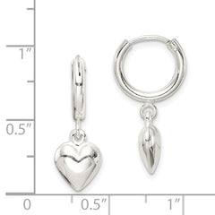 QE7047 Sterling Silver Polished Puff Heart Dangle Hoop Earrings