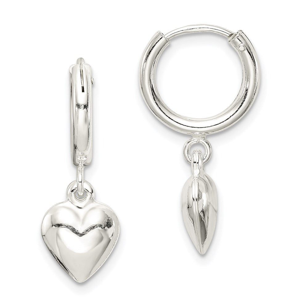 QE7047 Sterling Silver Polished Puff Heart Dangle Hoop Earrings