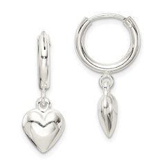 QE7047 Sterling Silver Polished Puff Heart Dangle Hoop Earrings