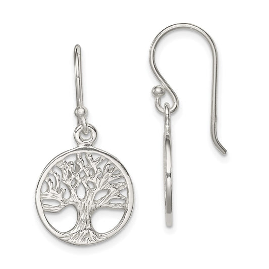 QE7074 Sterling Silver Polished Filigree Tree Dangle Earrings