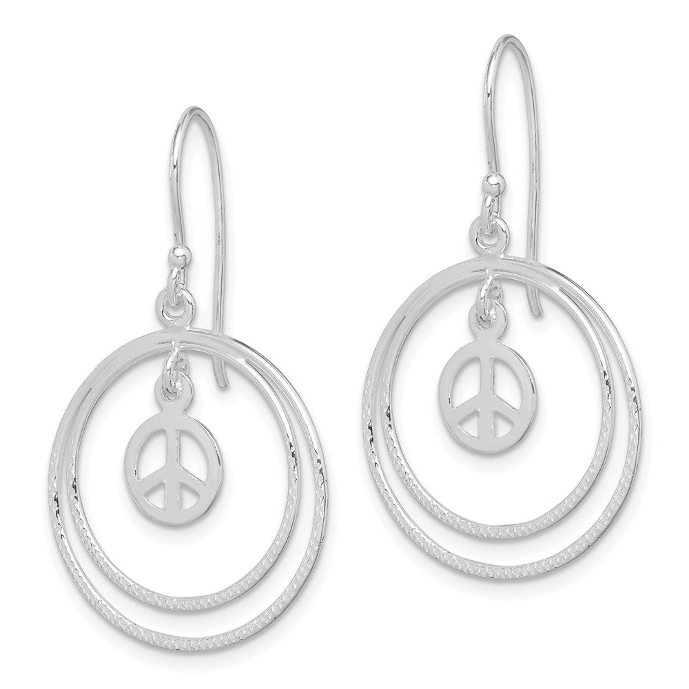 QE7132 Sterling Silver Rhodium-plated Circles w/Peace Symbol Dangle Earrings