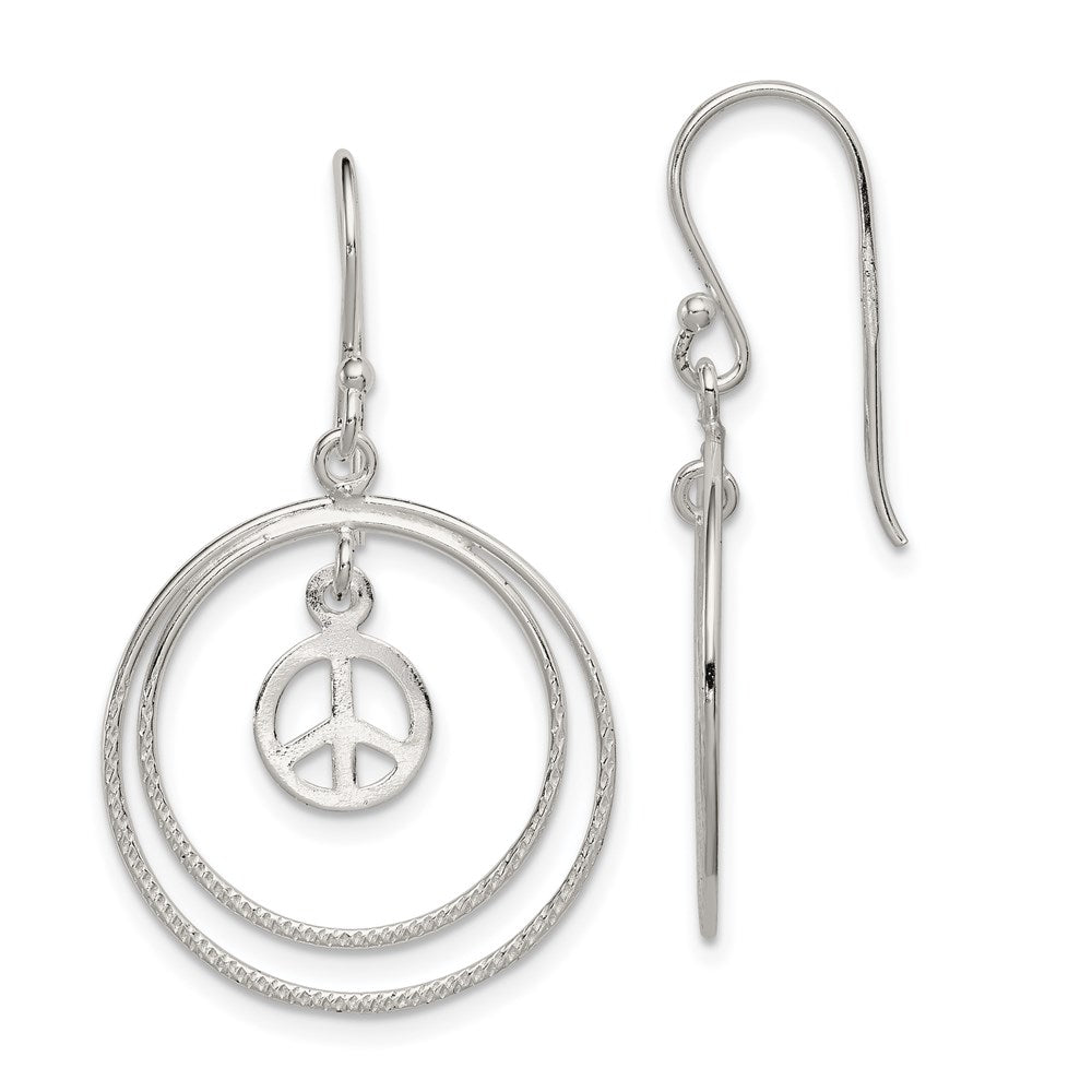 QE7132 Sterling Silver Rhodium-plated Circles w/Peace Symbol Dangle Earrings